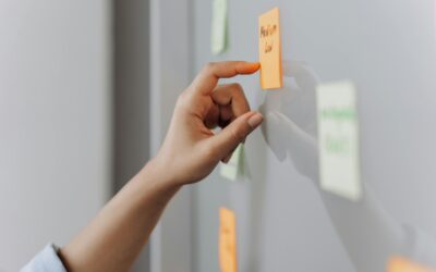 A hand placing a sticky note on a reflective surface in an office setting.